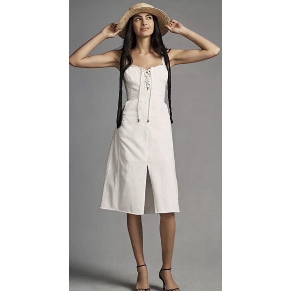 NWT Anthropologie Pilcro White Denim Corset Dress L Coquette Cottagecore Midi